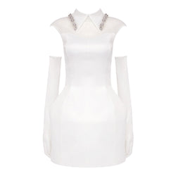 Opulent Crystal Collar Illusion Neck Opera Glove Pannier Satin Mini Dress