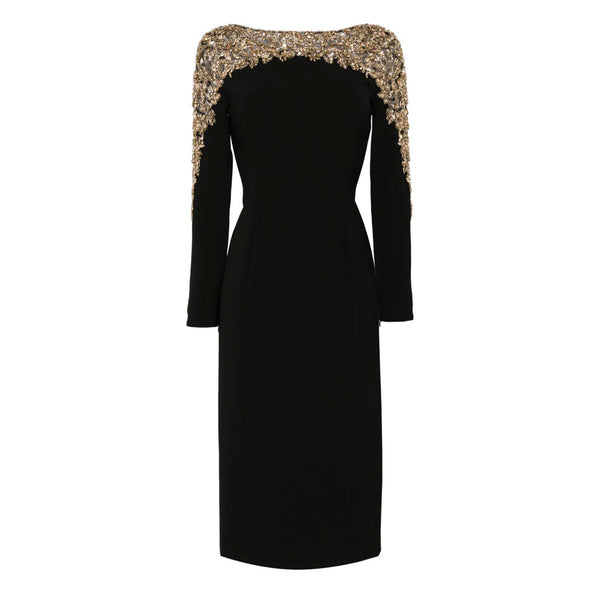 Opulent Crystal Embellished Crew Neck Long Sleeve Crepe Sheath Midi Dress