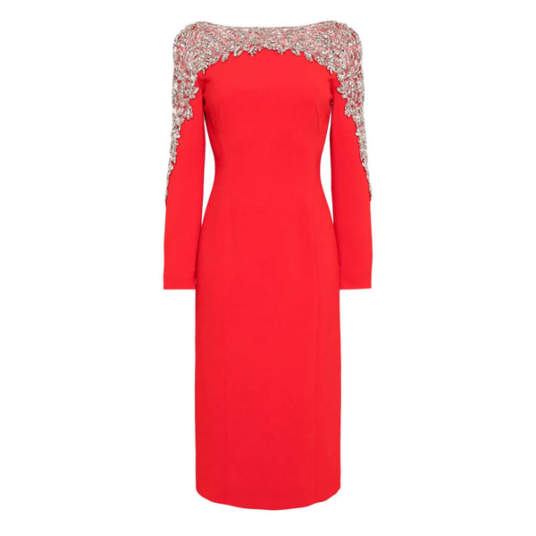 Opulent Crystal Embellished Crew Neck Long Sleeve Crepe Sheath Midi Dress