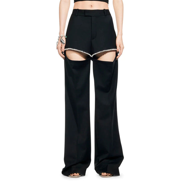 Opulent Crystal Embellished Cutout High Waist Straight Leg Suit Pants