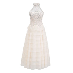 Opulent Crystal High Neck Sleeveless Tiered Pleated Tulle Maxi Evening Dress