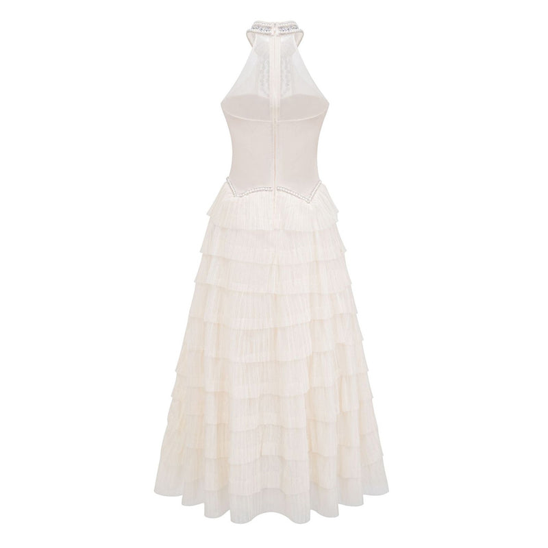 Opulent Crystal High Neck Sleeveless Tiered Pleated Tulle Maxi Evening Dress