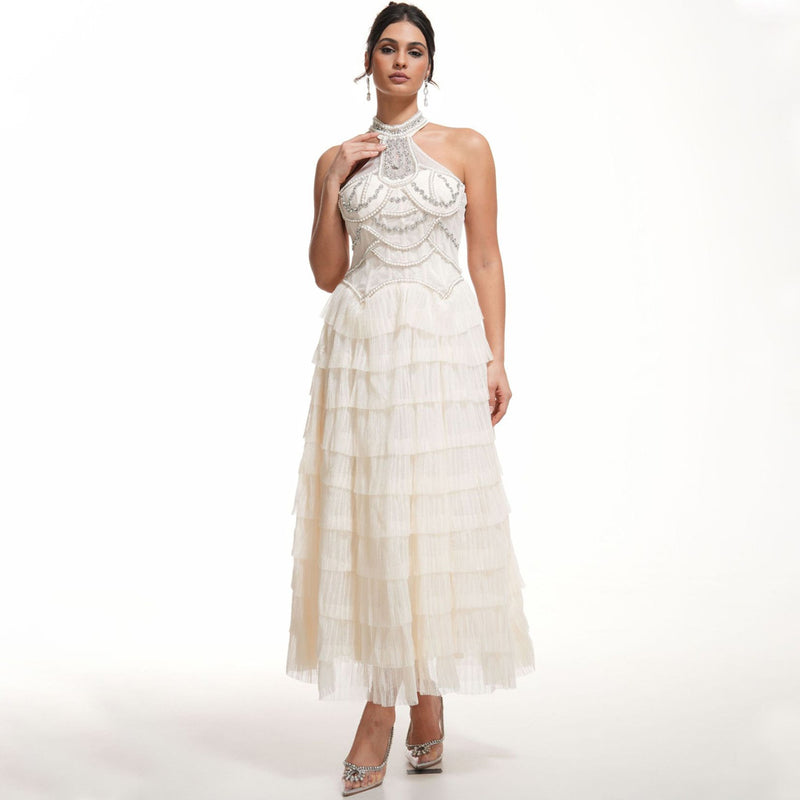 Opulent Crystal High Neck Sleeveless Tiered Pleated Tulle Maxi Evening Dress