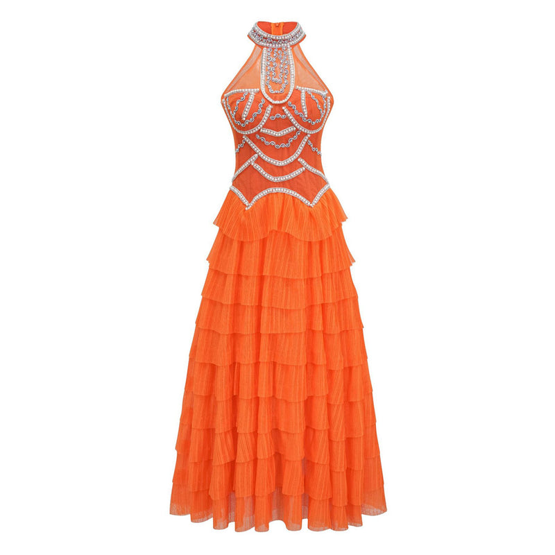 Opulent Crystal High Neck Sleeveless Tiered Pleated Tulle Maxi Evening Dress