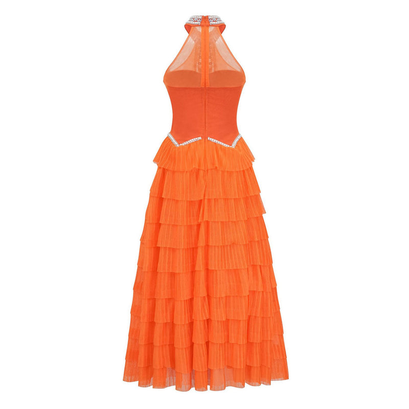 Opulent Crystal High Neck Sleeveless Tiered Pleated Tulle Maxi Evening Dress