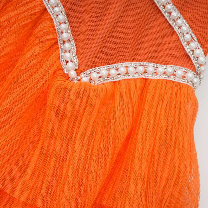 Opulent Crystal High Neck Sleeveless Tiered Pleated Tulle Maxi Evening Dress