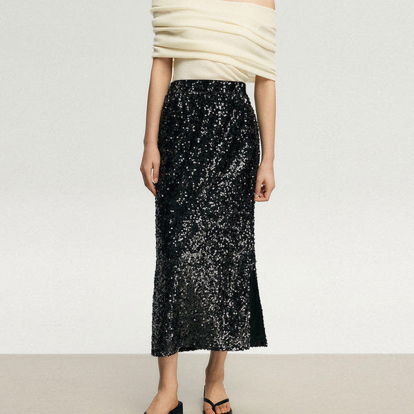 Opulent Disco Effect High Waist Bodycon Side Slit Sequin Midi Skirt