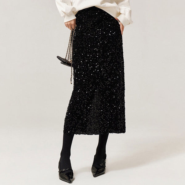 Opulent Disco Effect High Waist Bodycon Side Slit Sequin Midi Skirt