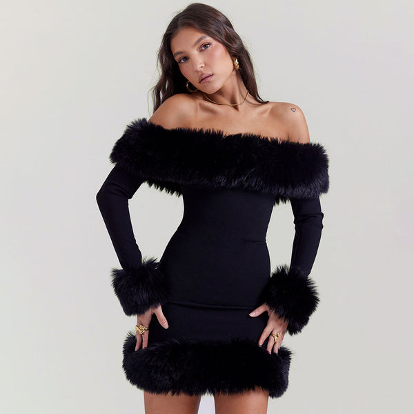 Opulent Faux Fur Trim Off The Shoulder Long Sleeve Mini Bodycon Party Dress