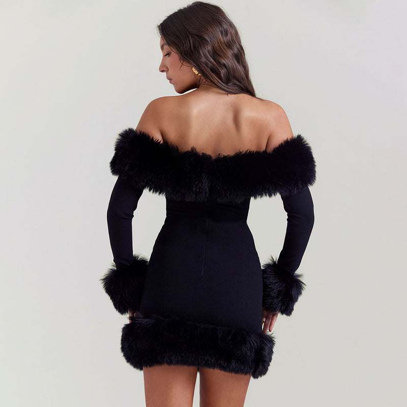 Opulent Faux Fur Trim Off The Shoulder Long Sleeve Mini Bodycon Party Dress