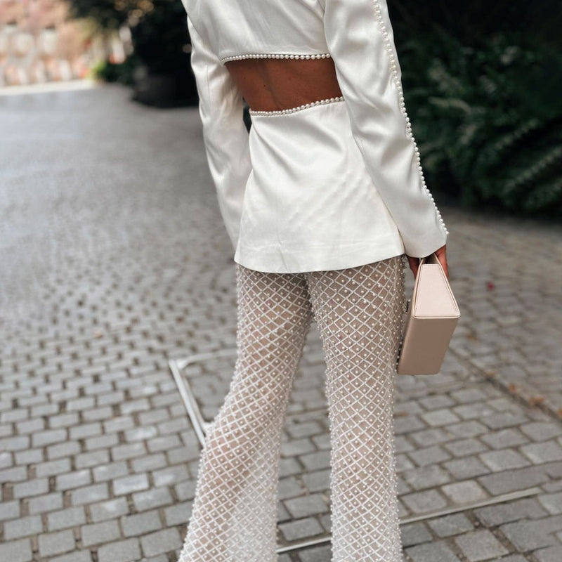 Opulent Faux Pearl Sheer Pants Rosette Satin Cutout Blazer Matching Set