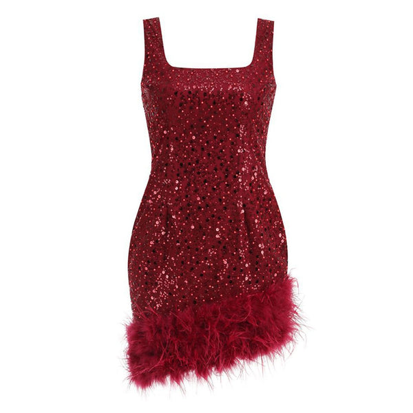 Opulent Feather Trim Faux Pearl Beaded Sequin Square Neck Mini Tank Party Dress