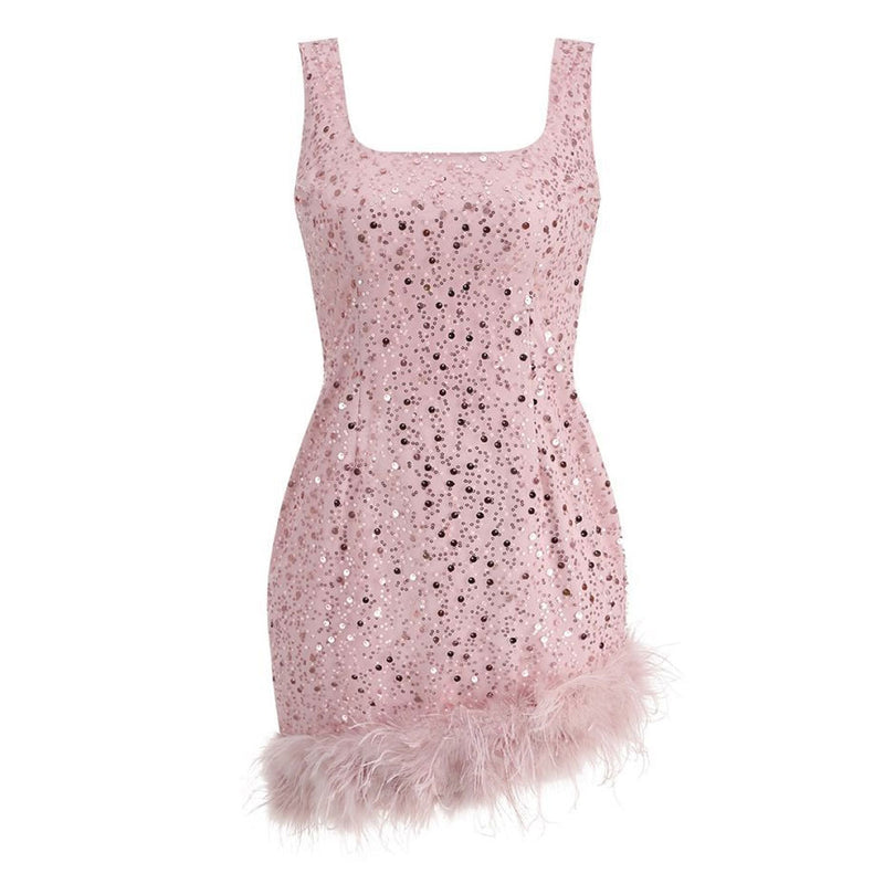 Opulent Feather Trim Faux Pearl Beaded Sequin Square Neck Mini Tank Party Dress