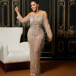 Opulent Gatsby Cold Shoulder Diamante Layered Fringe Sheer Mesh Maxi Evening Dress