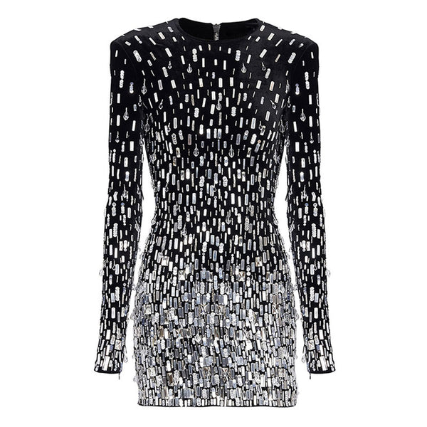 Opulent Gradient Crystal Sequin Long Sleeve Velvet Bodycon Mini Party Dress