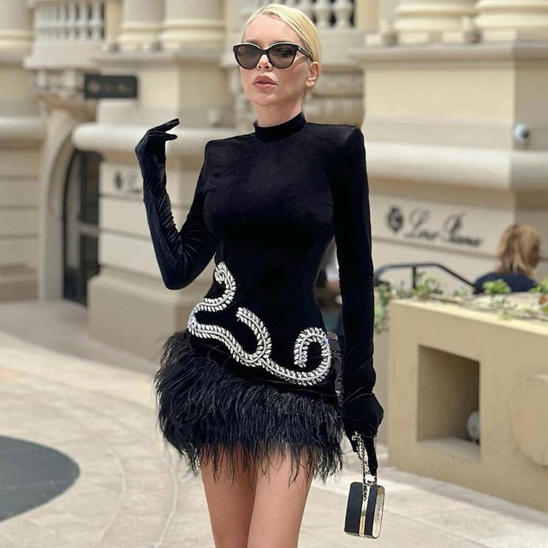 Opulent High Neck Glove Sleeve Crystal Detail Velvet Feather Mini Dress
