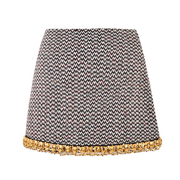 Opulent High Waist Rhinestone Trim Wool Blend Multicolored Tweed Mini Skirt