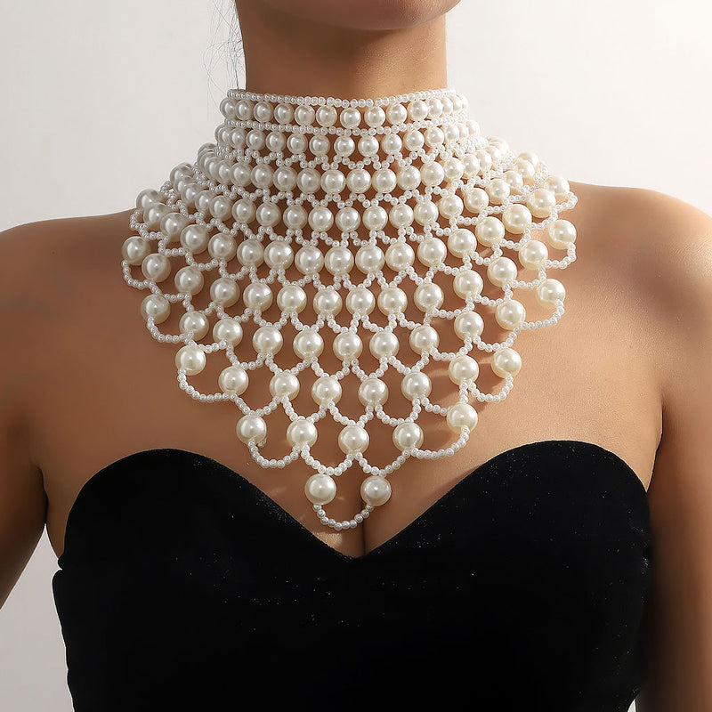 Opulent Hollowed Layered Imitation Baroque Pearl Bib Choker Body Chain