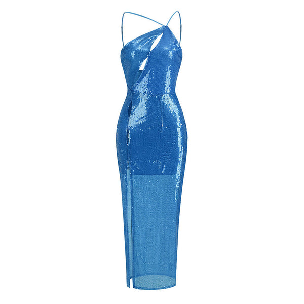 Opulent Mermaid Effect One Shoulder Cutout Thigh Split Maxi Sequin Evening Dress