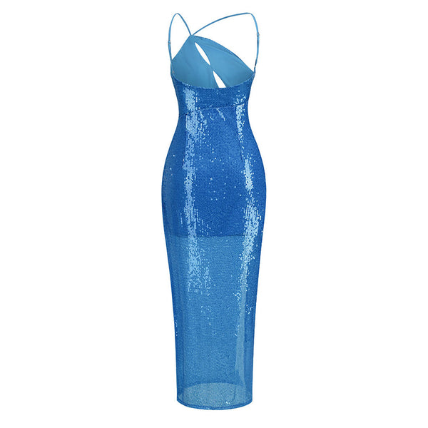 Opulent Mermaid Effect One Shoulder Cutout Thigh Split Maxi Sequin Evening Dress