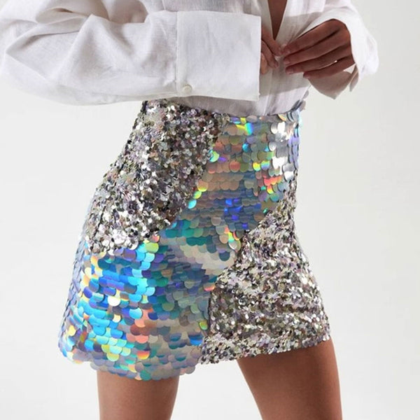 Opulent Mermaid Effect Sequin Embellished High Waist Bodycon Party Mini Skirt