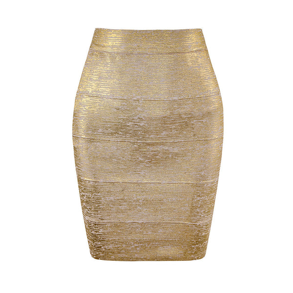 Opulent Metallic Solid High Waist Bodycon Bandage Mini Pencil Skirt