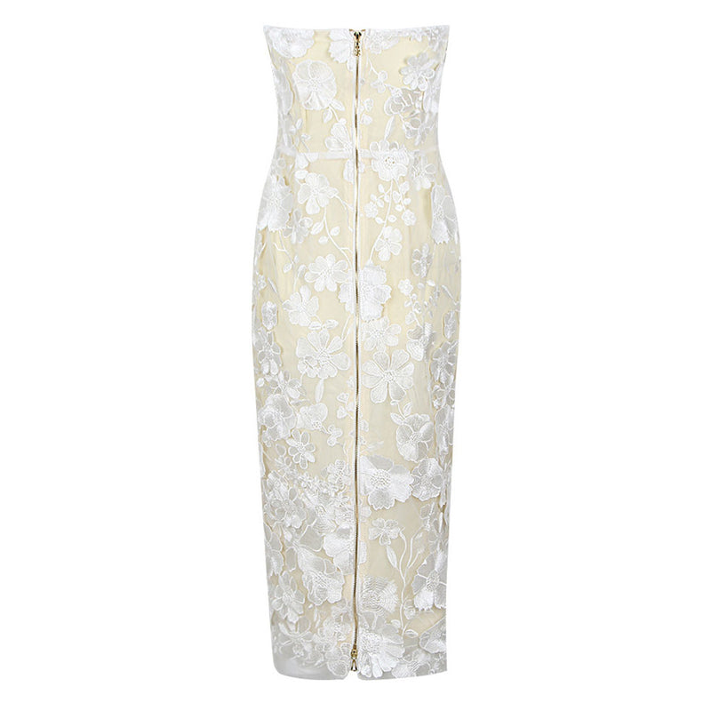 Opulent Notch Sweetheart Strapless Mesh Bodycon Embroidered Floral Midi Dress