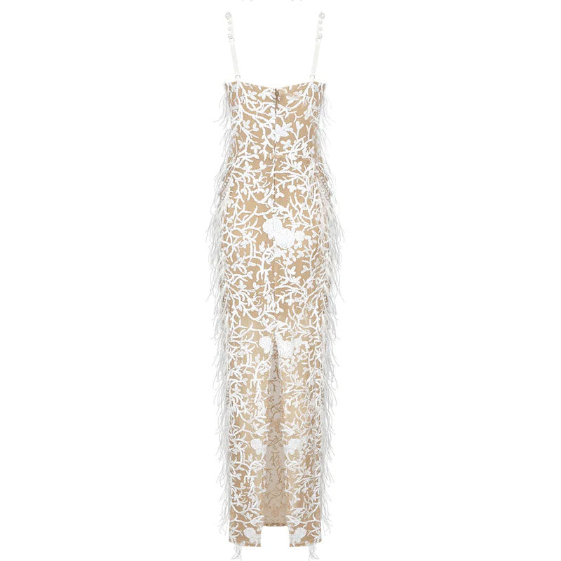 Opulent Pearl Sequined Floral Sweetheart Neck Back Slit Feather Trim Maxi Dress
