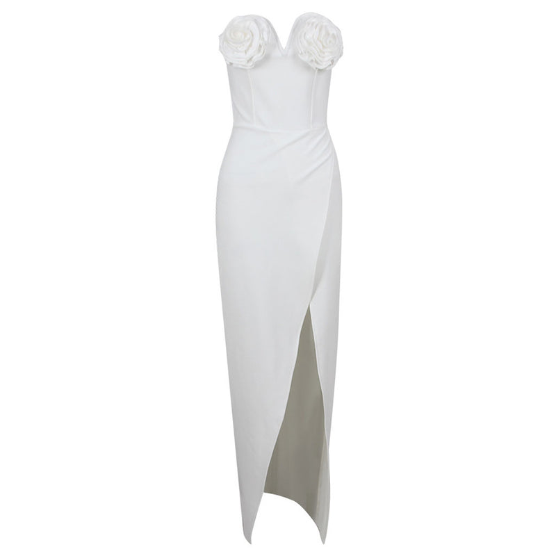 Opulent Rosette Detail Sweetheart Neck Strapless Thigh Split Maxi Evening Dress