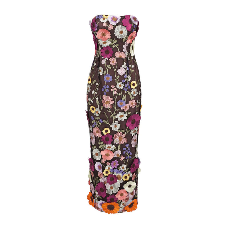 Opulent Sheen Satin Colorful 3D Floral Embroidered Bodycon Strapless Midi Dress