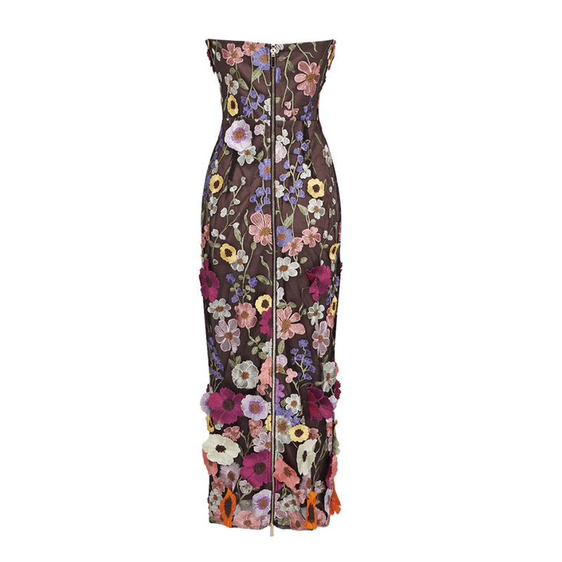Opulent Sheen Satin Colorful 3D Floral Embroidered Bodycon Strapless Midi Dress