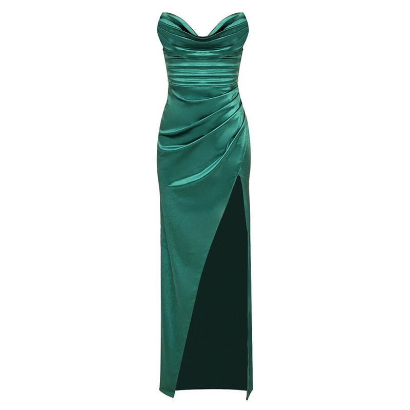 Opulent Sheen Satin Draped Neck Strapless Gathered Side Split Floor Length Evening Dress