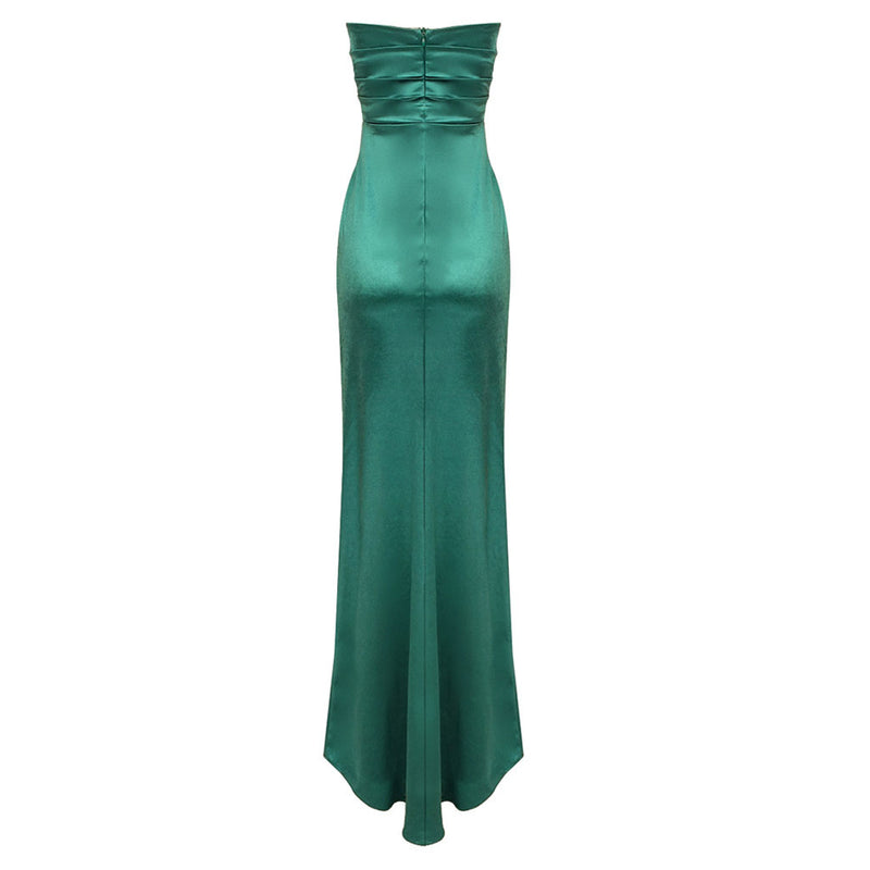 Opulent Sheen Satin Draped Neck Strapless Gathered Side Split Floor Length Evening Dress