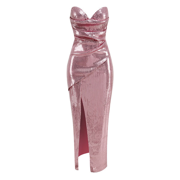 Opulent Sweetheart Neck Strapless Draped Thigh Split Maxi Sequin Evening Dress
