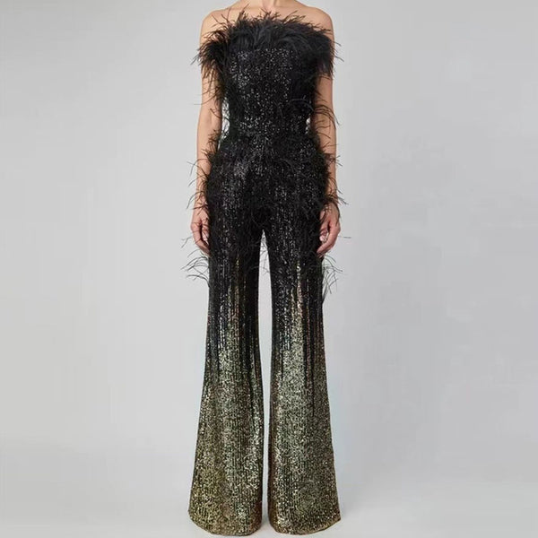 Opulent Wispy Feather Trim Strapless High Waist Wide Leg Ombre Sequin Jumpsuit