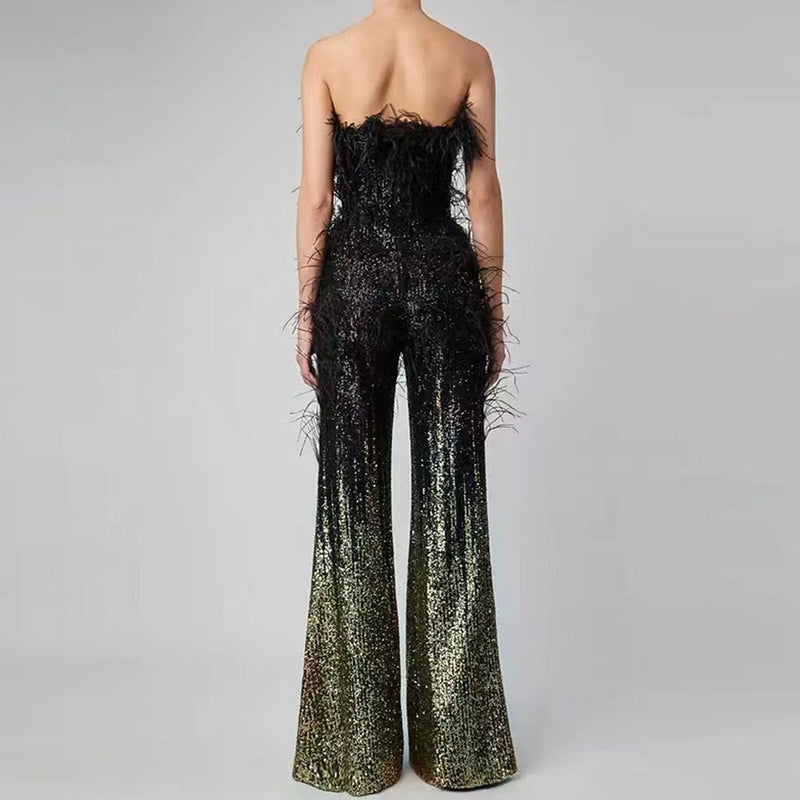 Opulent Wispy Feather Trim Strapless High Waist Wide Leg Ombre Sequin Jumpsuit