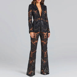Ornate Floral Embroidered Bootcut Sheer Mesh Sequined Blazer Matching Set