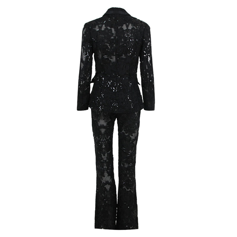 Ornate Floral Embroidered Bootcut Sheer Mesh Sequined Blazer Matching Set