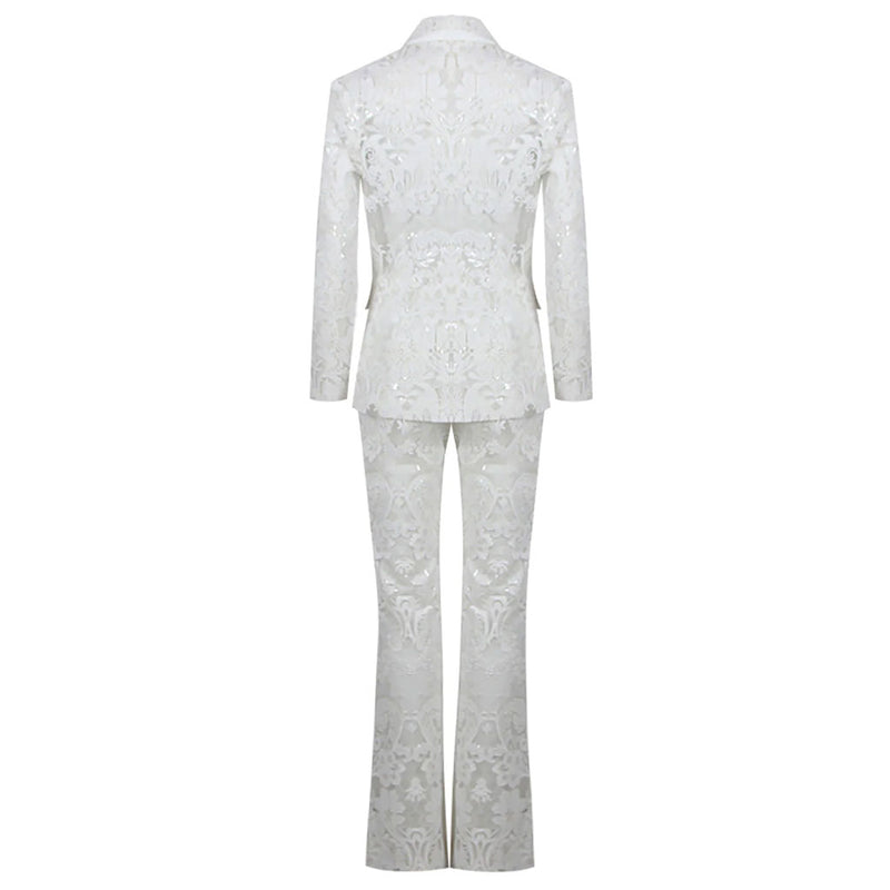 Ornate Floral Embroidered Bootcut Sheer Mesh Sequined Blazer Matching Set