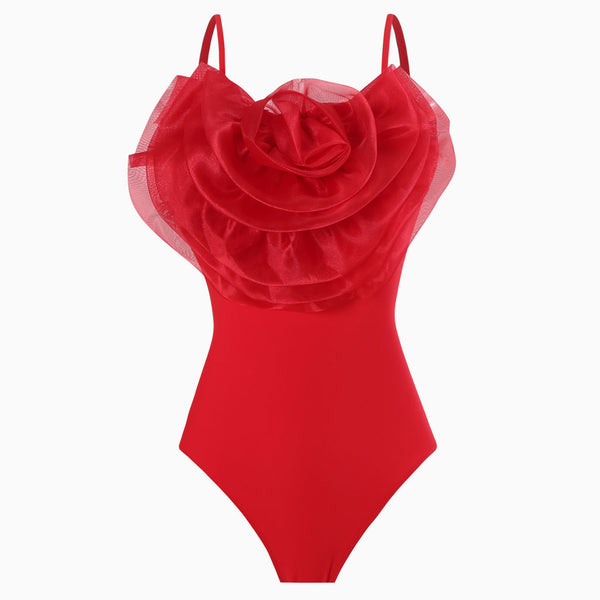 Oversized 3D Rosette Applique Moderate Spaghetti String One Piece Swimsuit