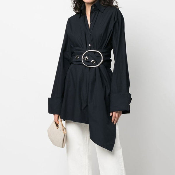 Oversized Belted Collared Button Down O Ring Long Sleeve Tunic Effect Mini Shirt Dress