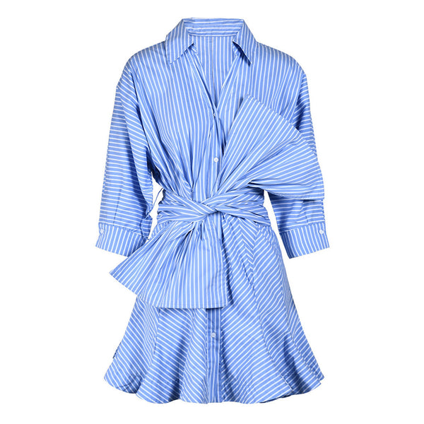 Oversized Bow Tie Pointed Collar Button Up Half Sleeve Fishtail Mini Striped Shirt Dress
