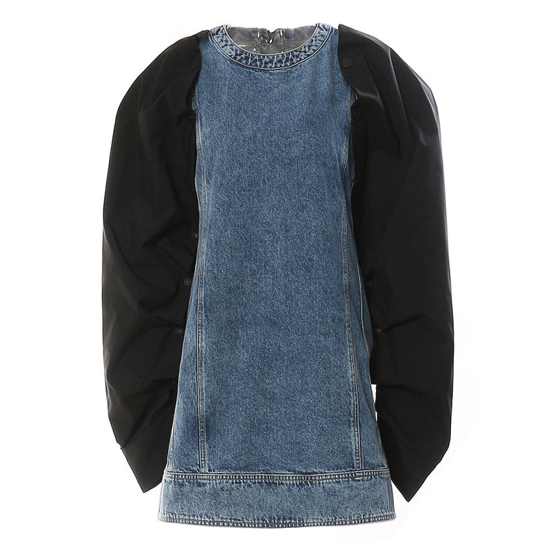 Oversized Detachable Puff Sleeve Crew Neck Faded Effect Hybrid Denim Mini Dress