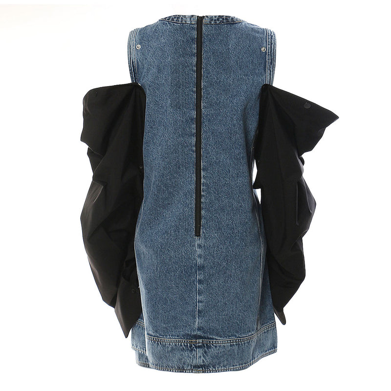 Oversized Detachable Puff Sleeve Crew Neck Faded Effect Hybrid Denim Mini Dress