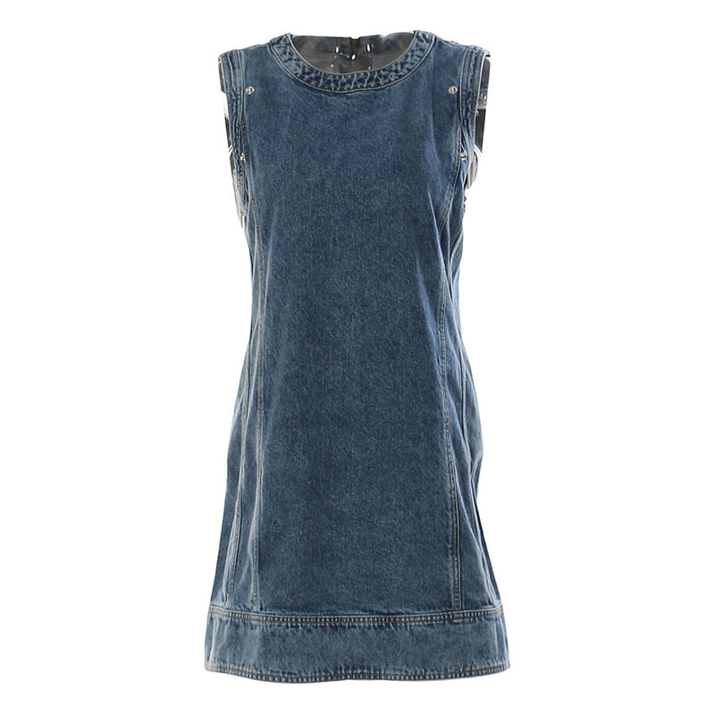 Oversized Detachable Puff Sleeve Crew Neck Faded Effect Hybrid Denim Mini Dress