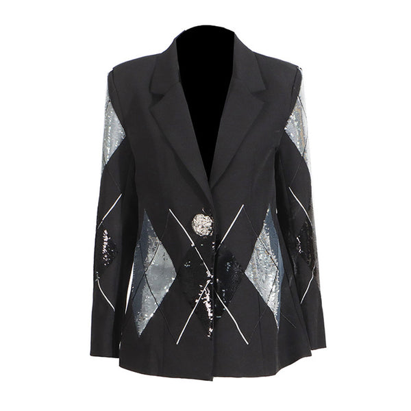 Oversized Metallic Button Long Sleeve Harlequin Diamond Sequin Blazer