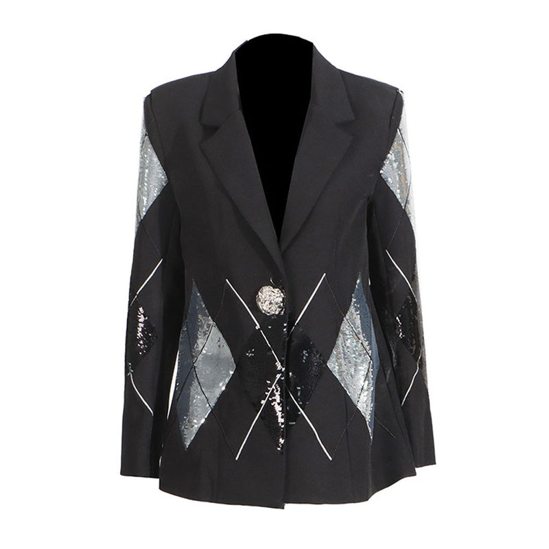 Oversized Metallic Button Long Sleeve Harlequin Diamond Sequin Blazer