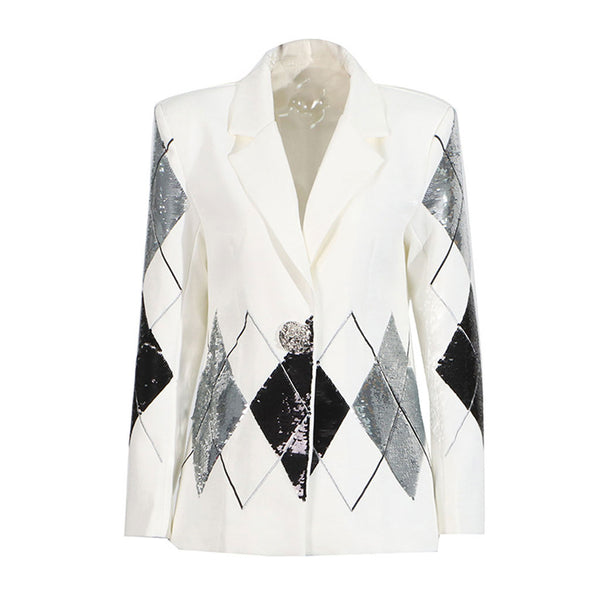 Oversized Metallic Button Long Sleeve Harlequin Diamond Sequin Blazer