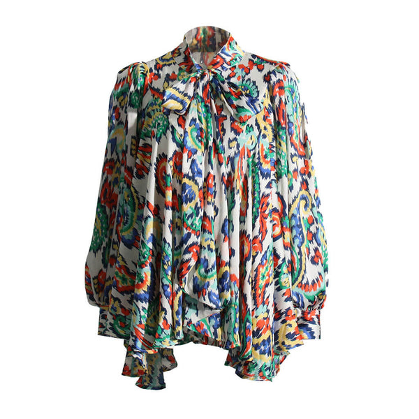 Painterly Print Pussy Bow Tie Bishop Sleeve Button Down Oversized Blouse
