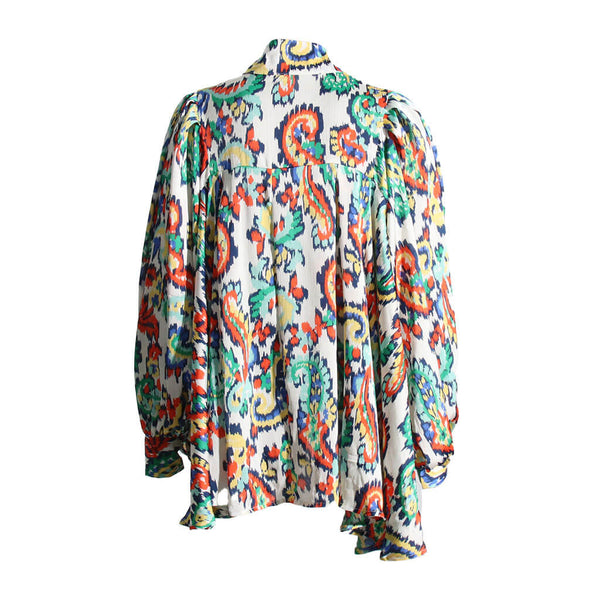 Painterly Print Pussy Bow Tie Bishop Sleeve Button Down Oversized Blouse